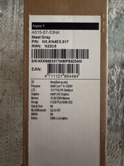 Laptop Acer Aspire 15-12450H, 15,6" 16gb DDR4, 512gb NVMe SSD