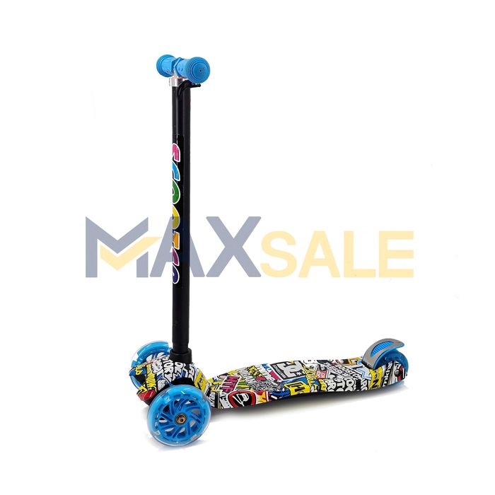 Детска тротинетка с 3 светещи колела синьо / многоцветна скутер колело