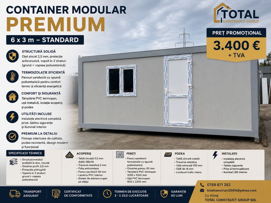 Container modular premium 6x3 m izolat 3400 euro livrare rapida