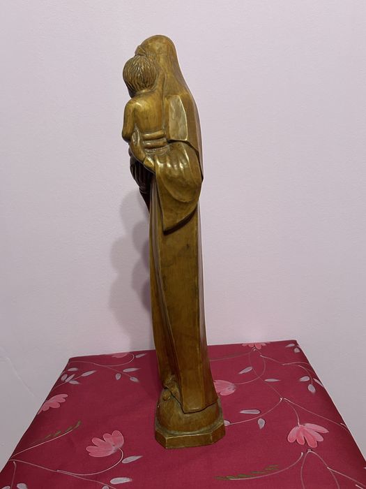 Statuetă vintage din lemn masiv – Maica Domnului cu Pruncul