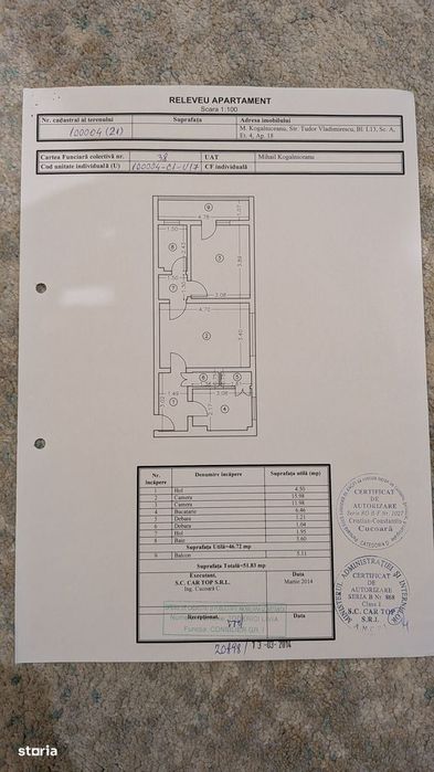 Apartament 2 camere 52 mp – centru Mihail Kogălniceanu, ideal renovare