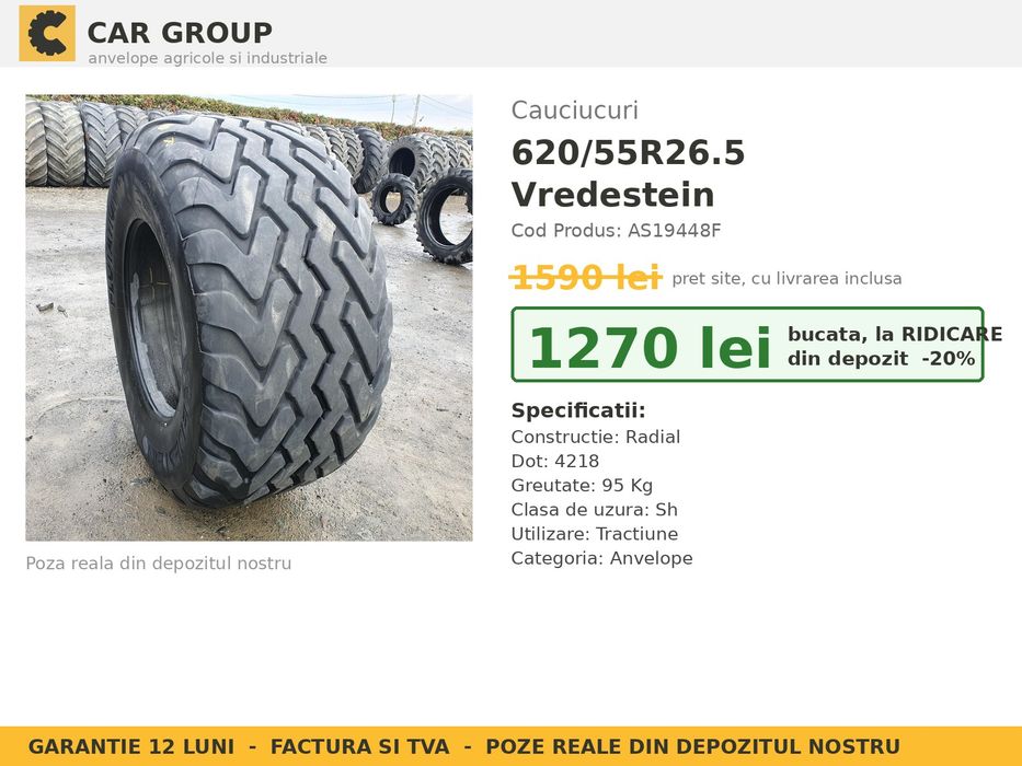 Anvelope Cauciucuri 620/55R26.5 620 55 R26.5 62055265 620 55R26.5 Vredestein Buldo Incarcator Utilaje SH Second Hand SECOND HAND Garantie 1 An Factura