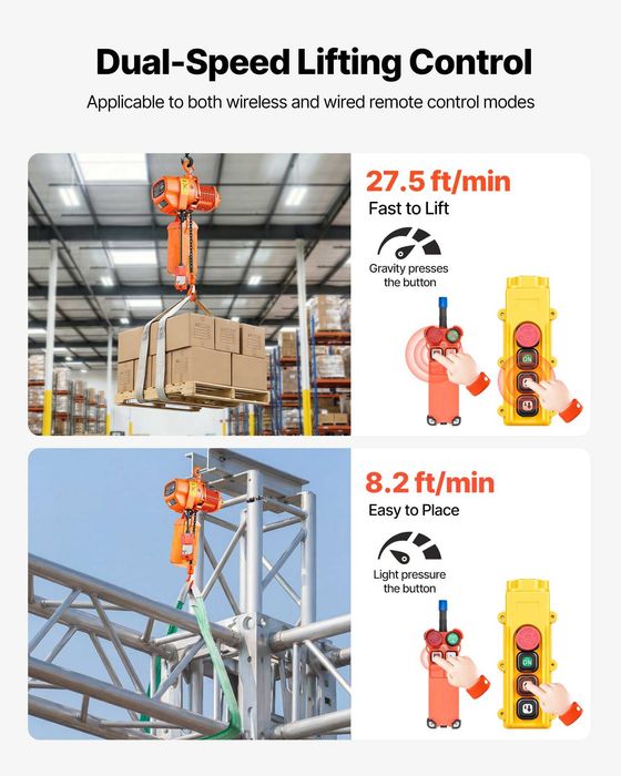 Palan electric cu lant 500 kg, ridicare 6 m, trifazat, doua viteze, telecomanda fara fir 100 m si cu fir 4,5 m, lant G80