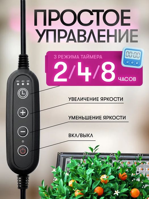 Фитолампа с таймером полного спектра для растений и рассады