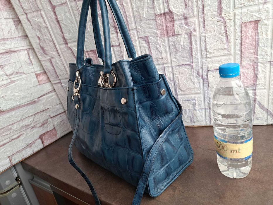 дамска чанта,кожена синя чанта-естествена кожа