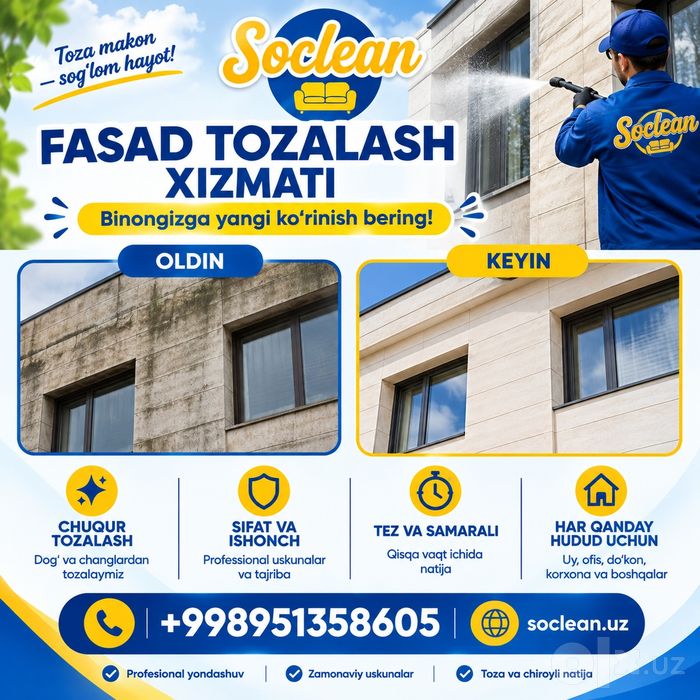 Oyna va fasad tozalash xizmati - soclean.uz