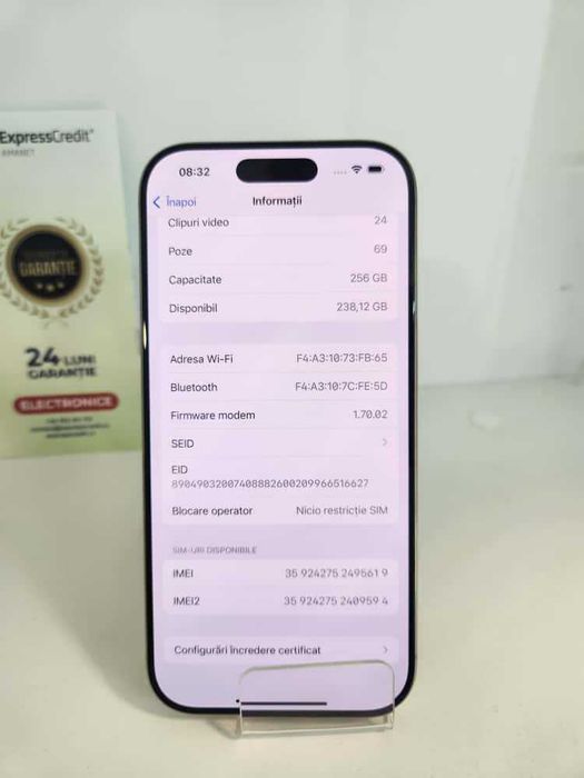 Iphone 16 Pro 256Gb 100% bateria (Ag8 Tudor1/B73980) – Garantie 2 Ani!