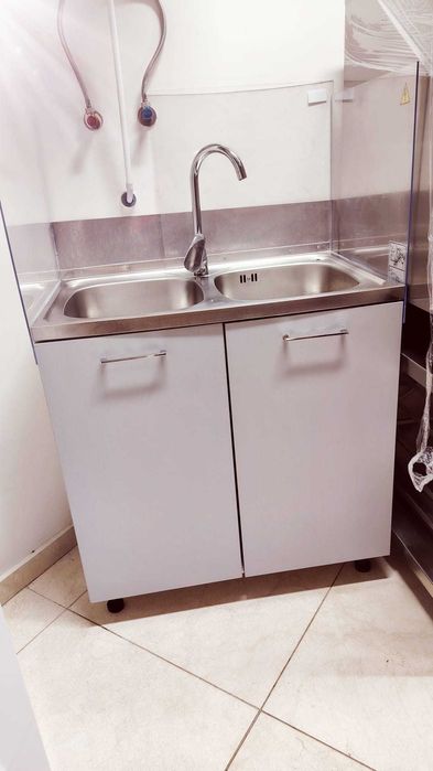 Mască Chiuvetă 2 Cuve Inox + Baterie Lebădă – Ideală Fast-Food / HoReCa (Ca Nouă)