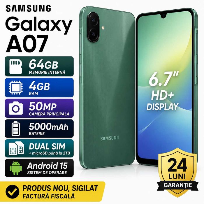 Samsung Galaxy A07 64GB 4GB RAM Dual SIM Green Nou Garantie 24 luni