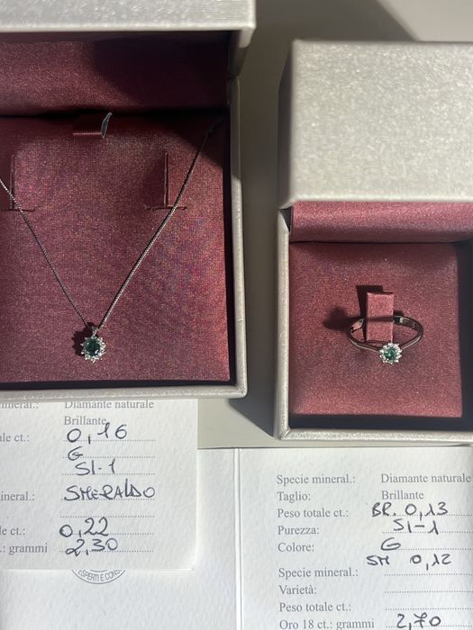 Set colier 5000 lei:  inel nou, aur 18k diamant 0.29+ smerald 0.32 ct