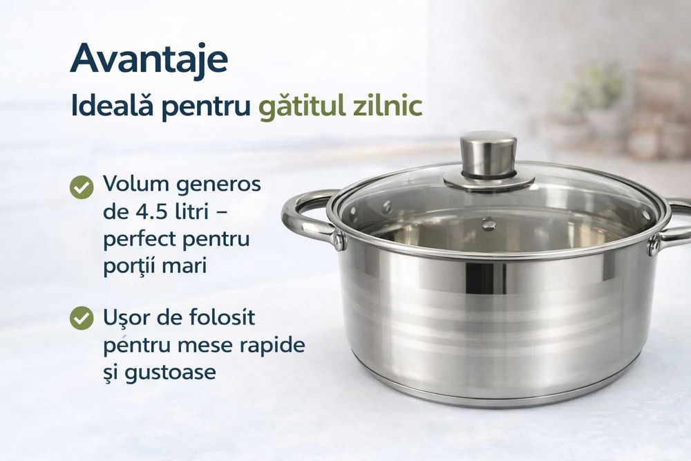 Cratita inox 4.5 litri cu capac de sticla pentru gatit zilnic
