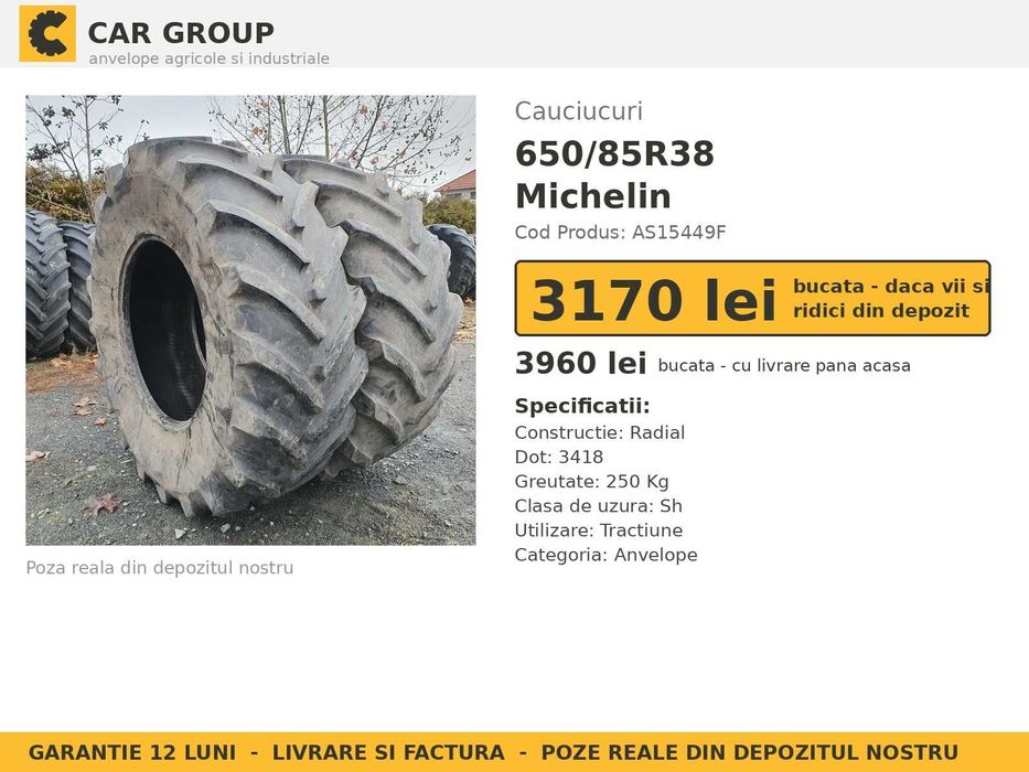 Cauciucuri Anvelope 650/85R38 650/85 R38 24.5R38 650 85 R38 6508538 Michelin Tractor Punte Spate Tractiune SH Second Hand REDUCERE Oferta Pret Bun