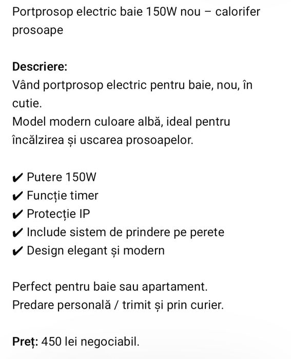 Vând portprosop electric pt baie nou in cutie