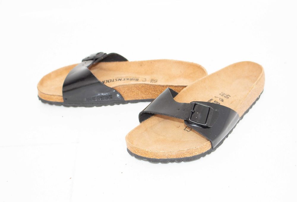 Birkenstock Madrid оригинални чехли черен лак с катарама унисекс 40