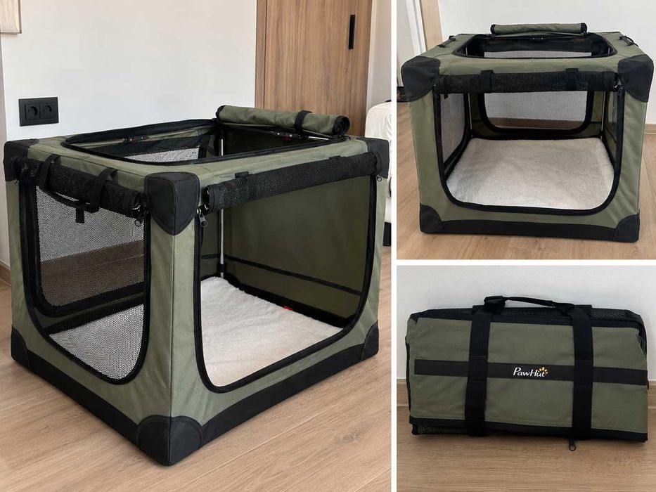 Cusca pliabila PawHut pentru caini/pisici 76x54x54 cm, verde, transport