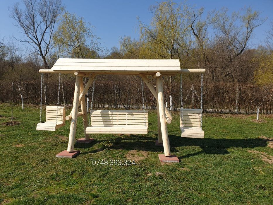 Masa cu bănci și scaune din bușteni rustic masiv