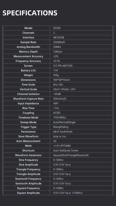 Alientek DS100  50Mhz 250M 3.5IPS Двуканален  осцилоскоп с генератор