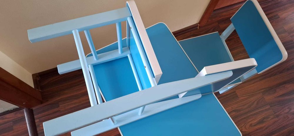 Masa din lemn cu doua scaune, set pentru copii, culoare Albastru