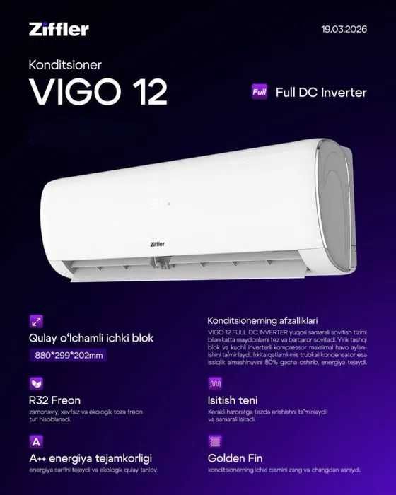 Кондиционер ZIFFLER Invertor PTC TEN Golden Fin+optom va donaga