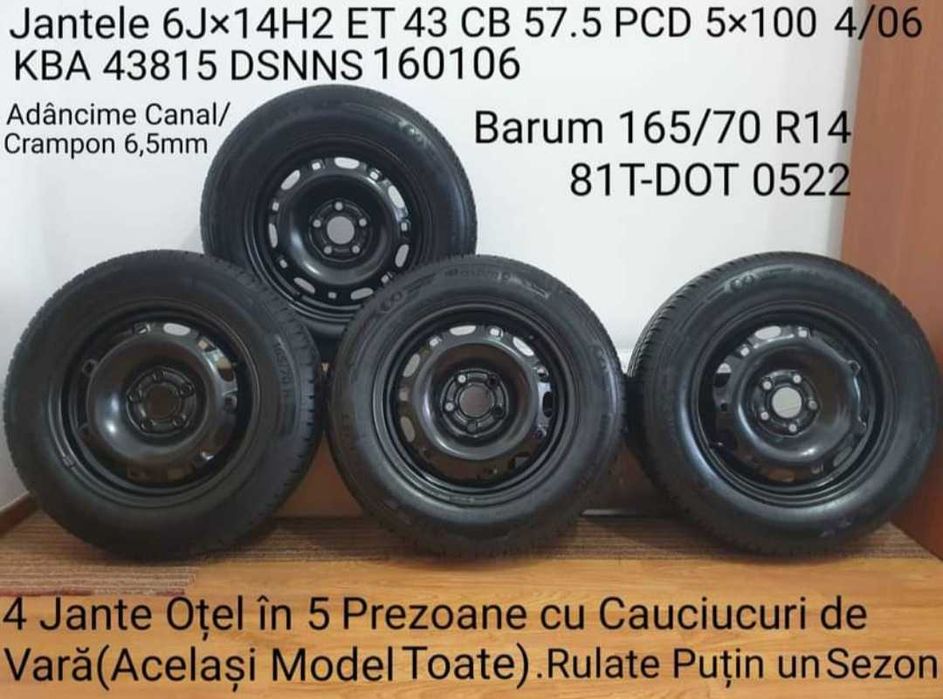 4 Jante Oțel în 5 Prezoane cu Cauciucuri de Vară(Același Model Toate)