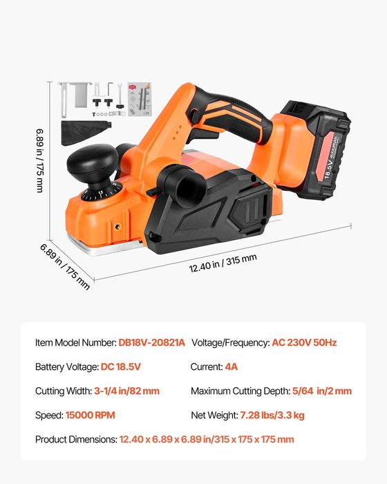Rindea electrica de mana fara fir, latime 82 mm, 15000 rpm, motor brushless, acumulator 18V 4 Ah, adancime reglabila, sac praf