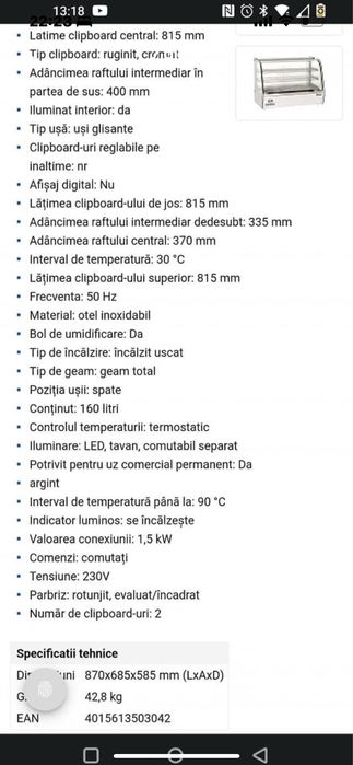 Vitrina calda cu umidificare