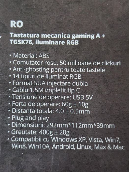 Tastatură mecanică gaming A +TGSK76, iluminare RGB (Nouă, nefolosită)
