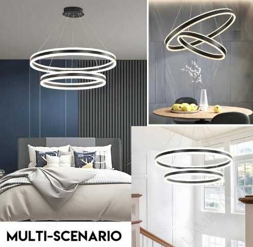 Луксозен LED полилей LAMPLAY, модерна LED висяща лампа 65W, голяма таванна лампа с 2 черни пръстена 60+80 см