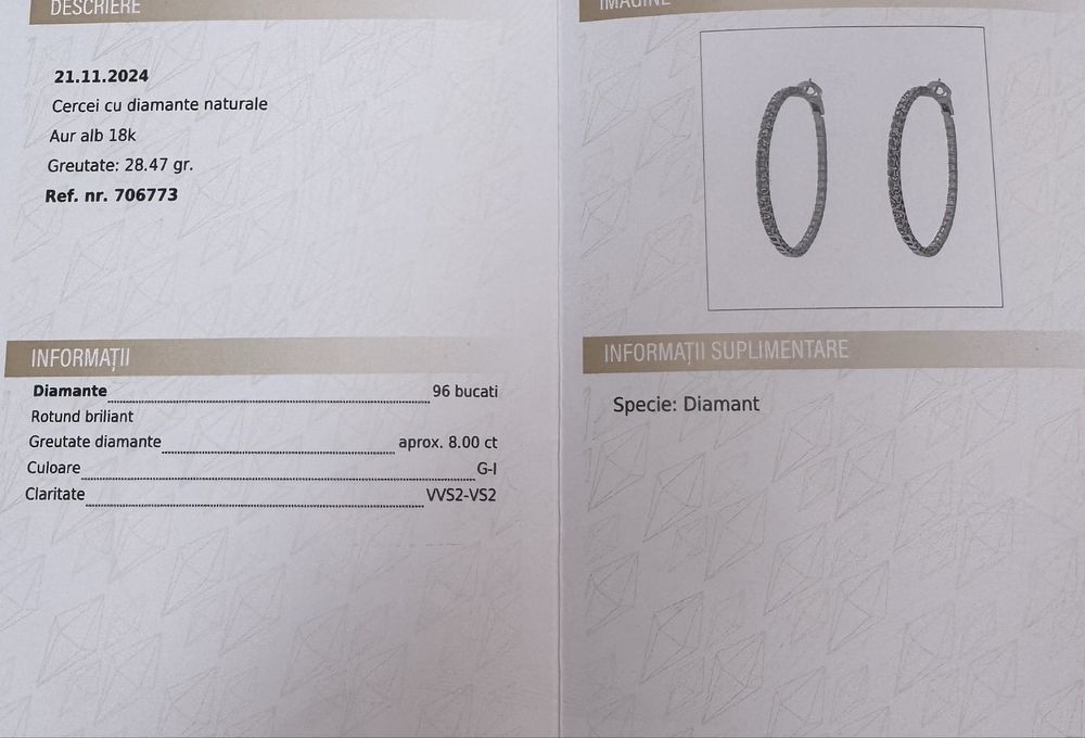 Cercei Aur alb 18k cu Diamante 8CT