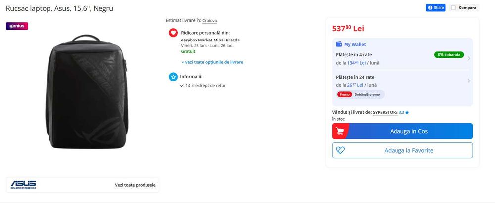 Rucsac / Geanta Laptop Gaming ASUS ROG Ranger BP2500, rezistent la apa