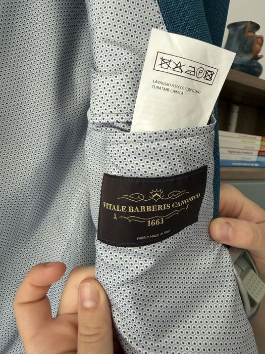 Sacou NOU Bigotti Vitale Barberis Canonico, model Canaletto marimea 48, turcoaz, uni, croi slim, 100% lana