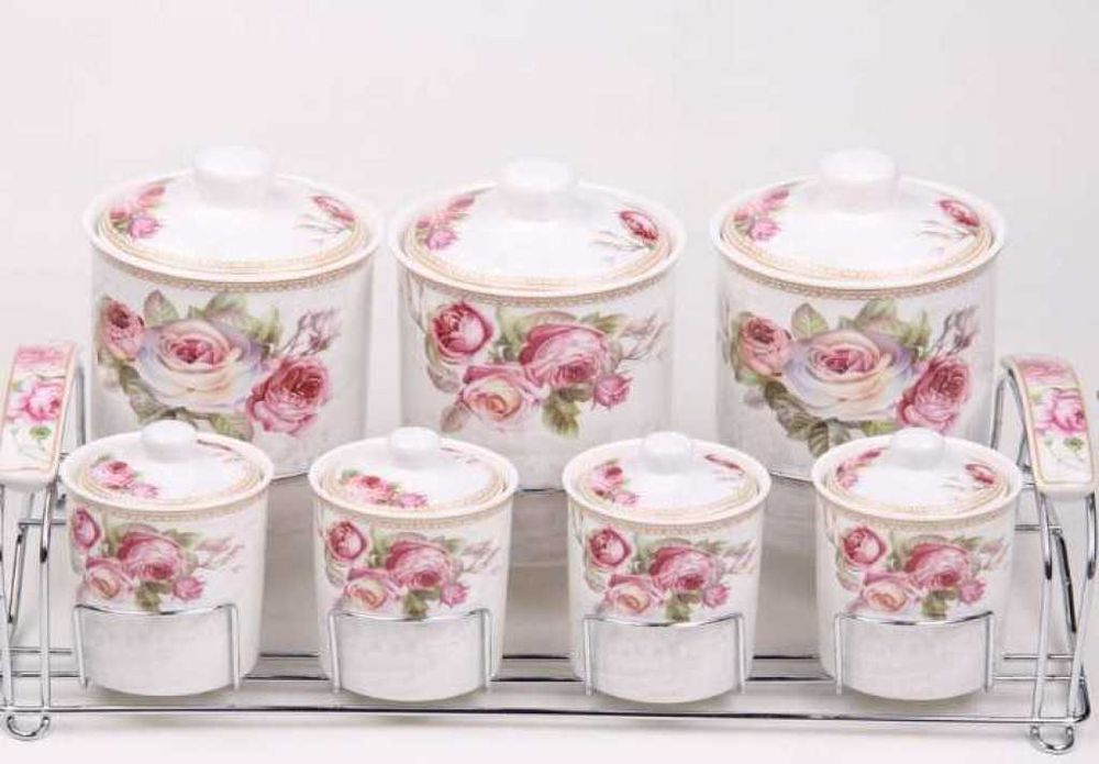 Порцеланови буркани+метална стойка 7бр