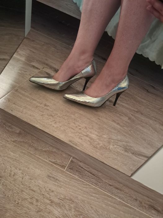 Pantofi stiletto argintii gri cu paiete BOSSI SBT BOSSI (Made in Spain) mărimea 39 (recomandat 38)
