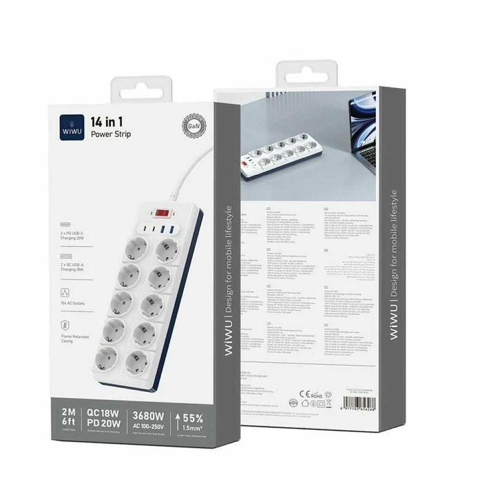 WiWU 14 in 1 Power Strip — 10 rozetka + 4 USB (PD 20W/QC 18W)