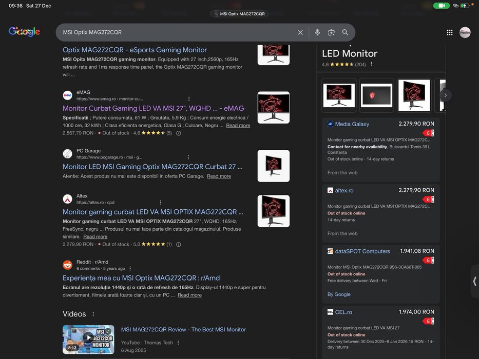 Monitor Curbat Gaming LED VA MSI 27 2K 165Hz 1ms MAG272CQR ca Nou