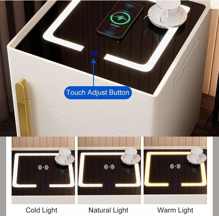 Noptiera smart multifunctionala GRI seif ascuns iluminare led boxe incorporate reglabila 3 culori 40x40x50cm