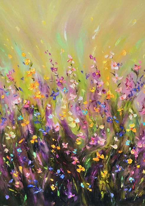 Картина, Принт върху хромирана хартия, Селска къща, Пейзаж, Цветя