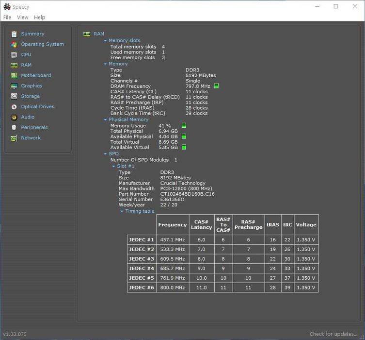 Memorie Crucial 8GB  DDR3, 1600MHz, CL11, 1.35V/1.5V