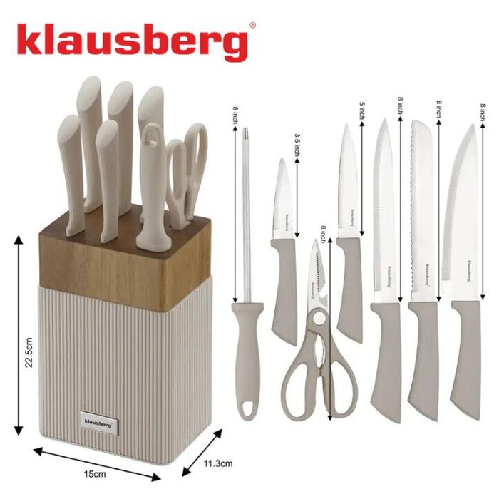Set de cutite 8 piese, cu bloc de salcam, otel inoxidabil, Klausberg