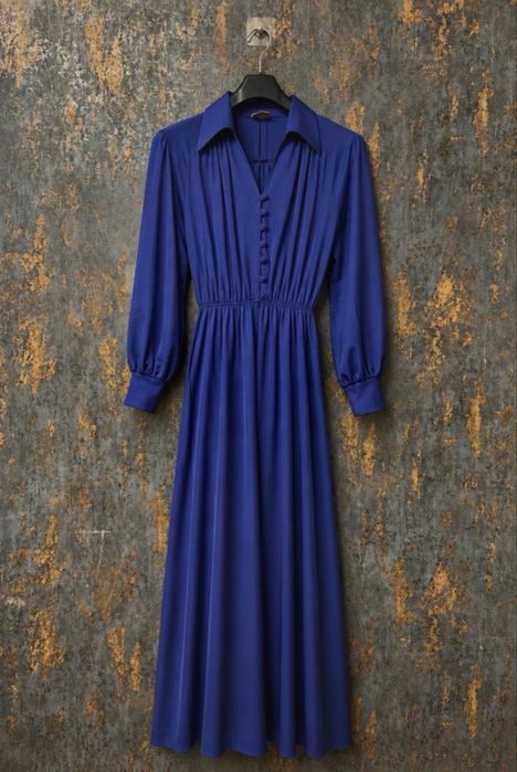 Rochie Vintage Lirelle Albastru Cobalt Midi | Guler Cămașă | Mâneci Bufante | M