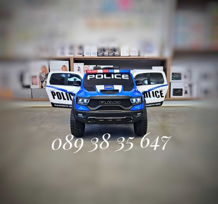 ТОП ЦЕНАНОВО!Акумулаторен джип RAM POLICE BLUE с 12V батерия,EVA гуми,сигнални светлини,,USB,дистанционно