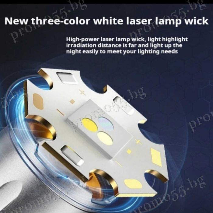 Високомощен Алуминиев Акумулаторен Фенер с Лазерен Лъч в Три Цвята