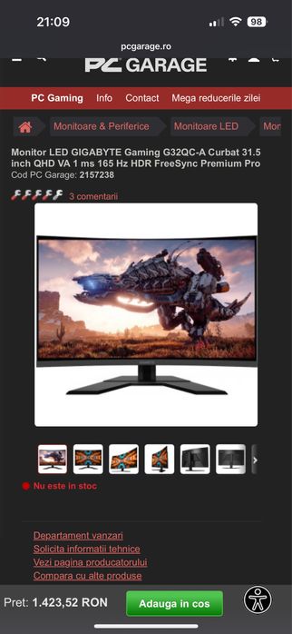 Vand Monitor Led Gigabyte C32QC-A Curbat 31,5 inch 165 hz