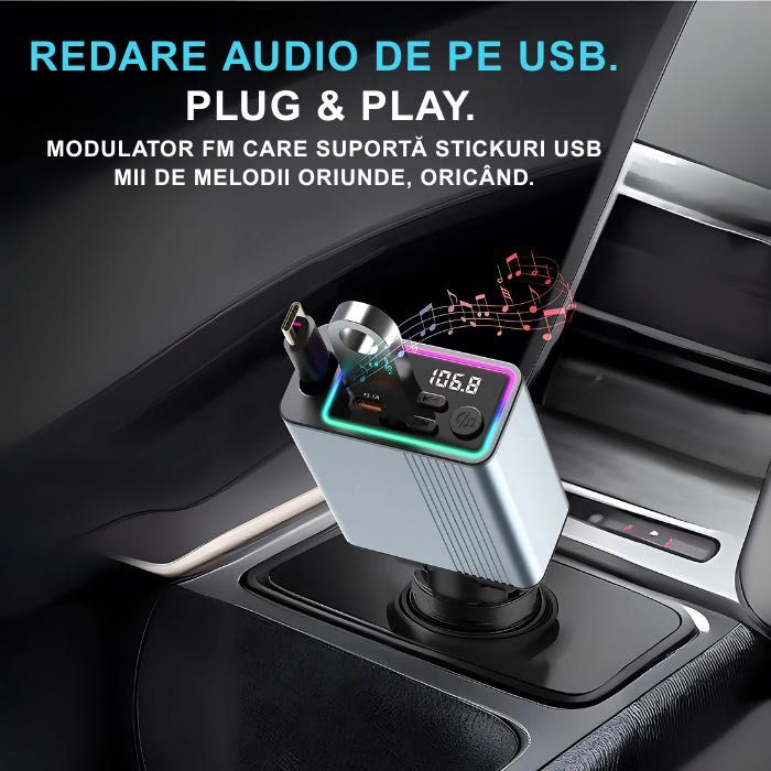 Modulator FM NETSTAT® Bricheta BT 5.3 QC3.0+PD30W Cablu Retractabil
