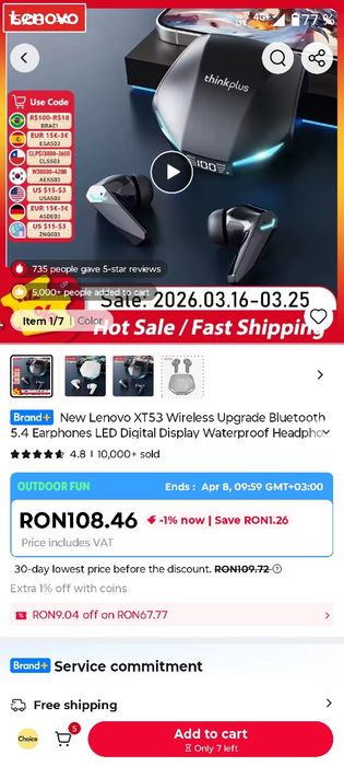 Vând căști wireless Lenovo XT 53 noi ( cu microfon)