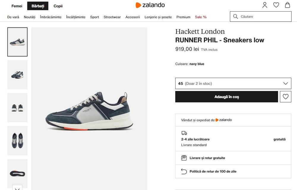 Pantofi sport casual 45 premium Hackett NOI piele naturala moale