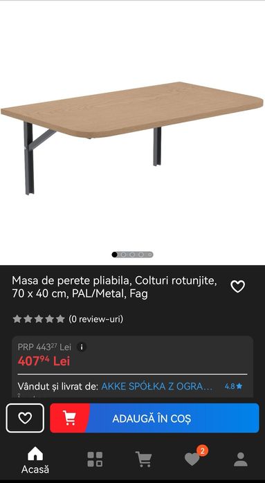 Vand masa de perete 70x40 colturi rotunjite PAL/Metal Maro deschis