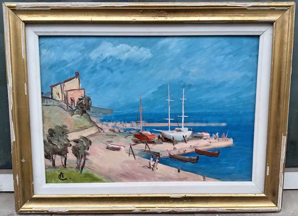 Tablou vechi - peisaj la mediterana - semnat AC ( Ciucurencu )