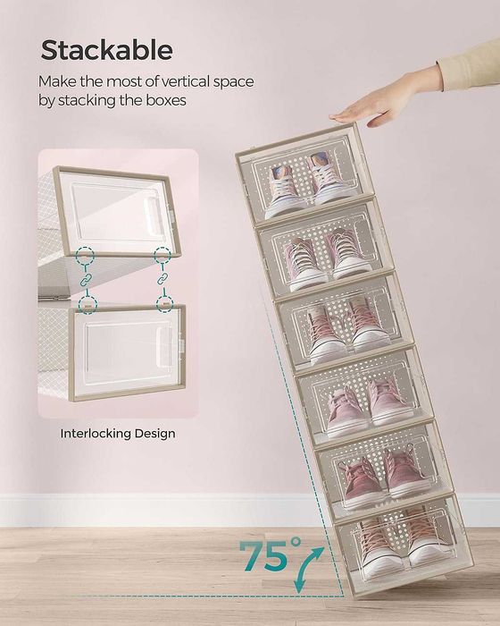 Set 18 cutii pantofi Songmics, stivuibile, bej