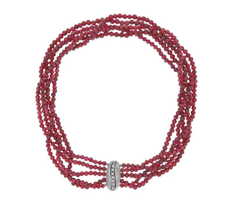 Colier choker din cinci rânduri de granate rhodolite